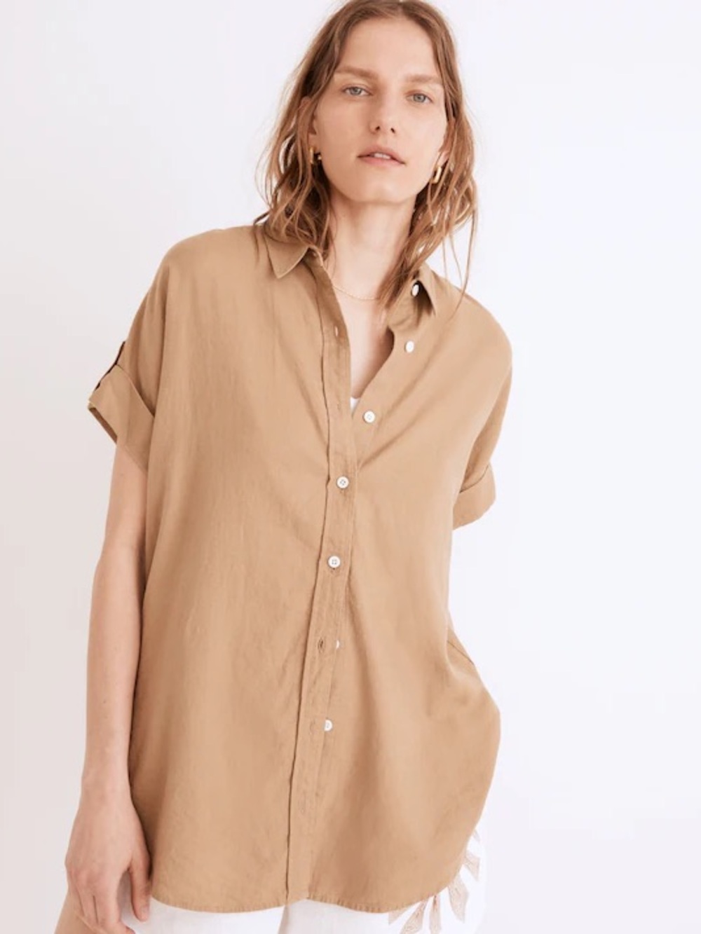 Madewell Linen Blend Button Down Short Sleeve Tunic Shirt